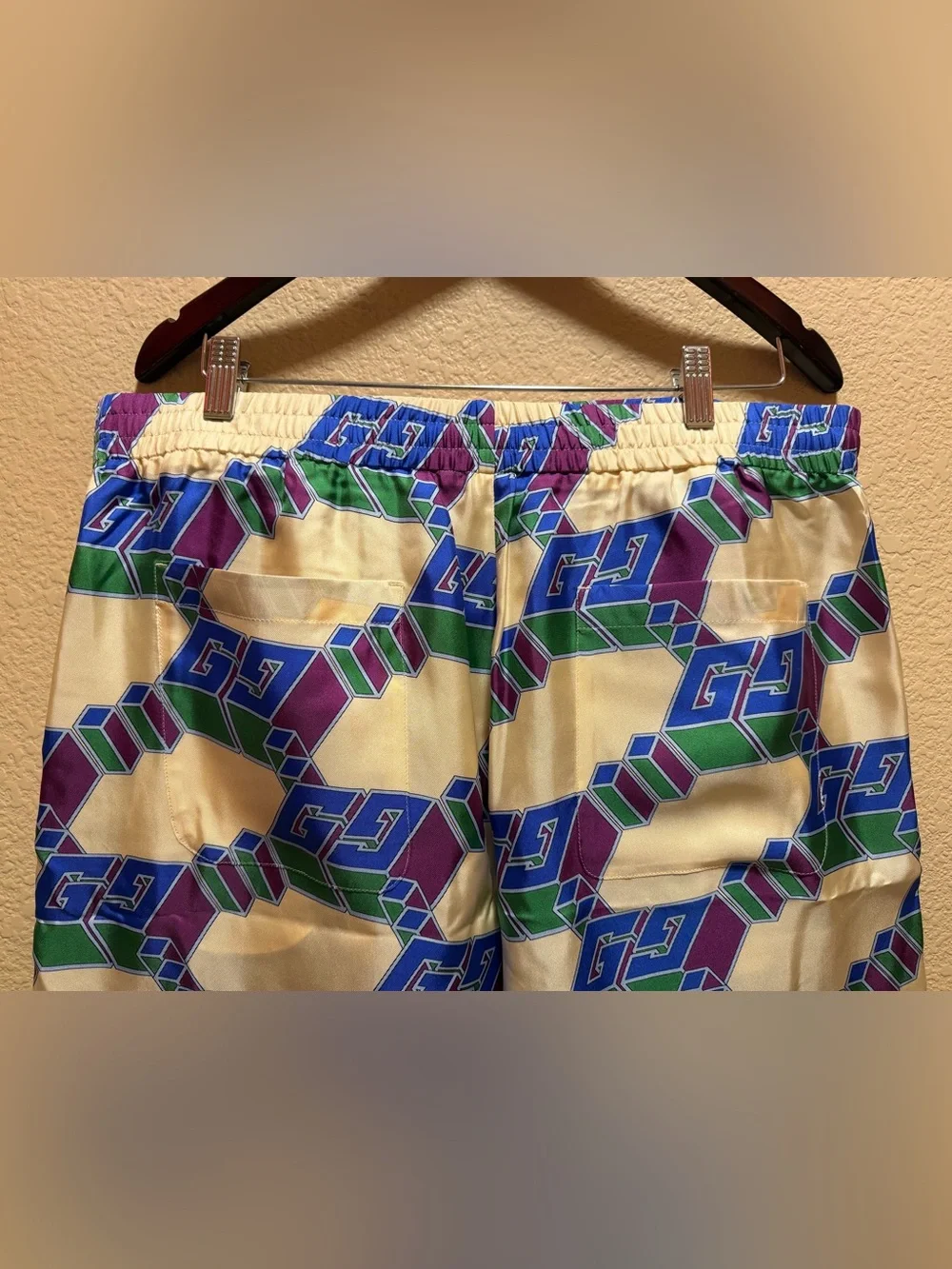 New Gucci GG Logo Silk Shorts Cream Blue Size IT 54 / US L 36 - 40 Waist